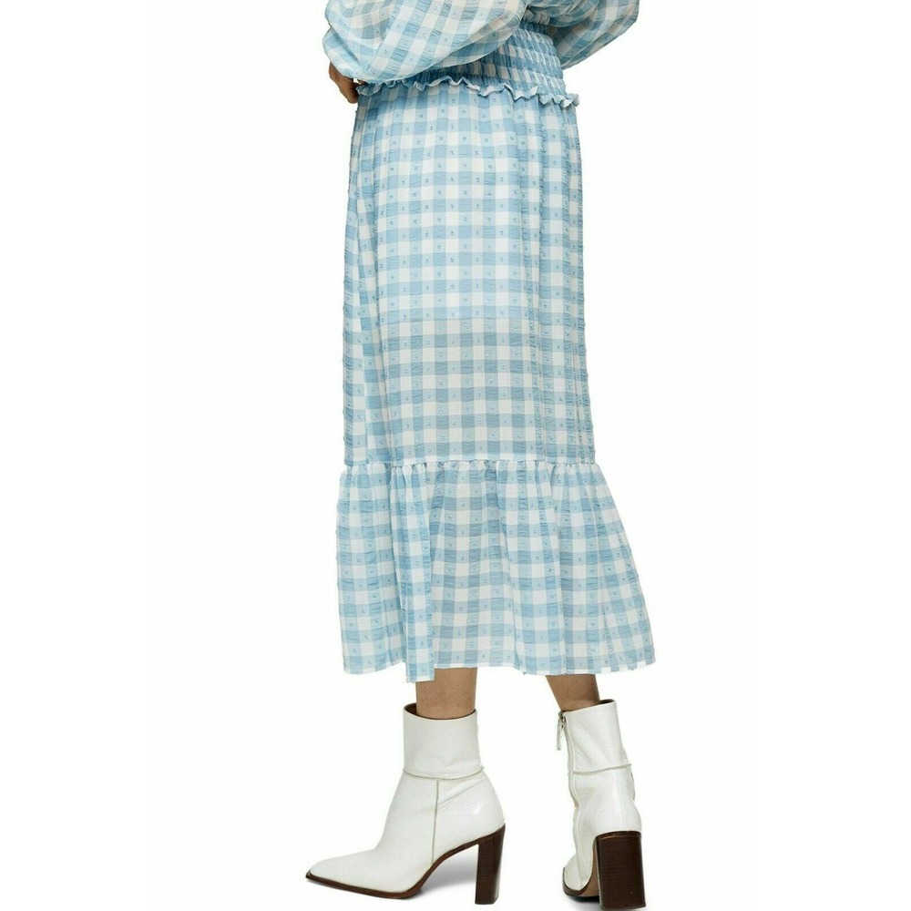 Topshop NEW Gingham Smocked Tiered Midi Skirt Size 12 Blue White Checked Women's - Picture 2 of 8